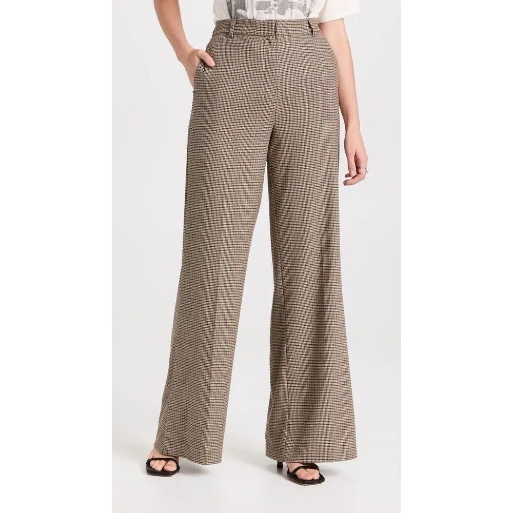Anine Bing Lyra Wide Leg Pants Houndstooth Brown Wool Blend Waist 38 inch Size 8